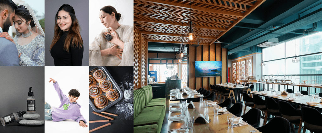 Diverse photography portfolio including wedding, headshots, fashion, product, food, and architectural photography by Shoots by Haris.